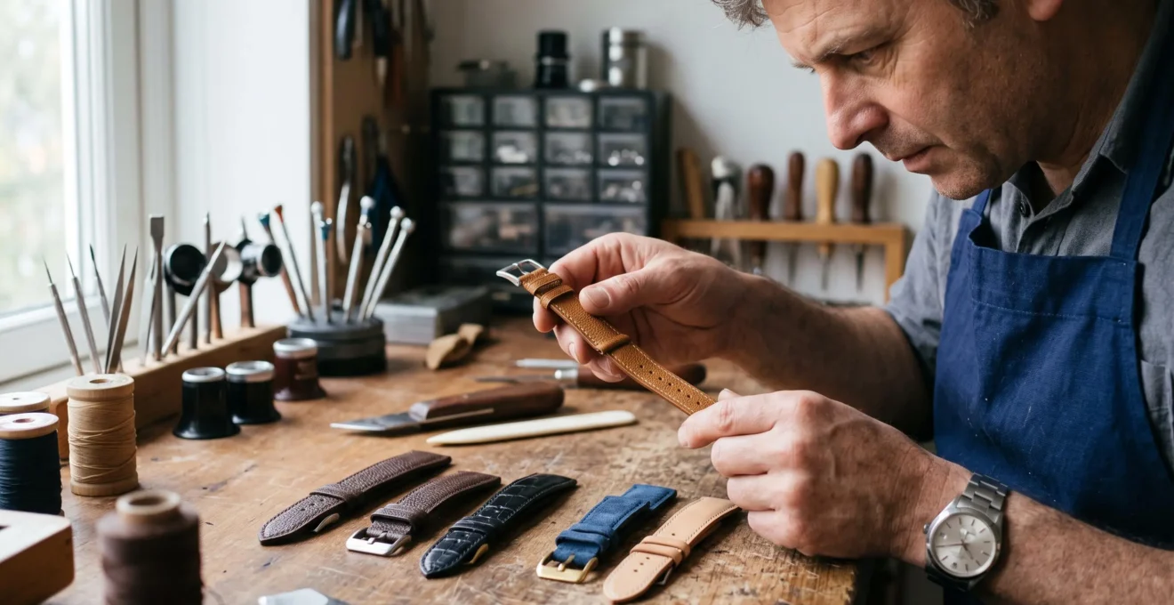 Artisan horloger examinant plusieurs bracelets de montre en cuir de différents types sur un établi