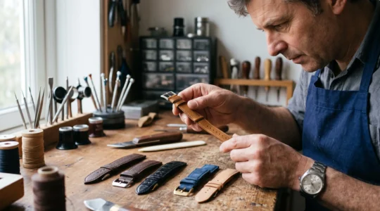 Artisan horloger examinant plusieurs bracelets de montre en cuir de différents types sur un établi