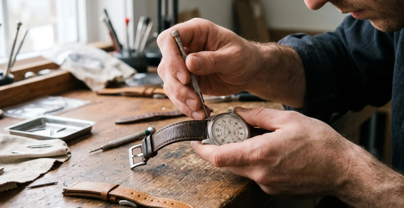 Mains en train de changer un bracelet en cuir sur une montre à l'aide d'un outil à pompes