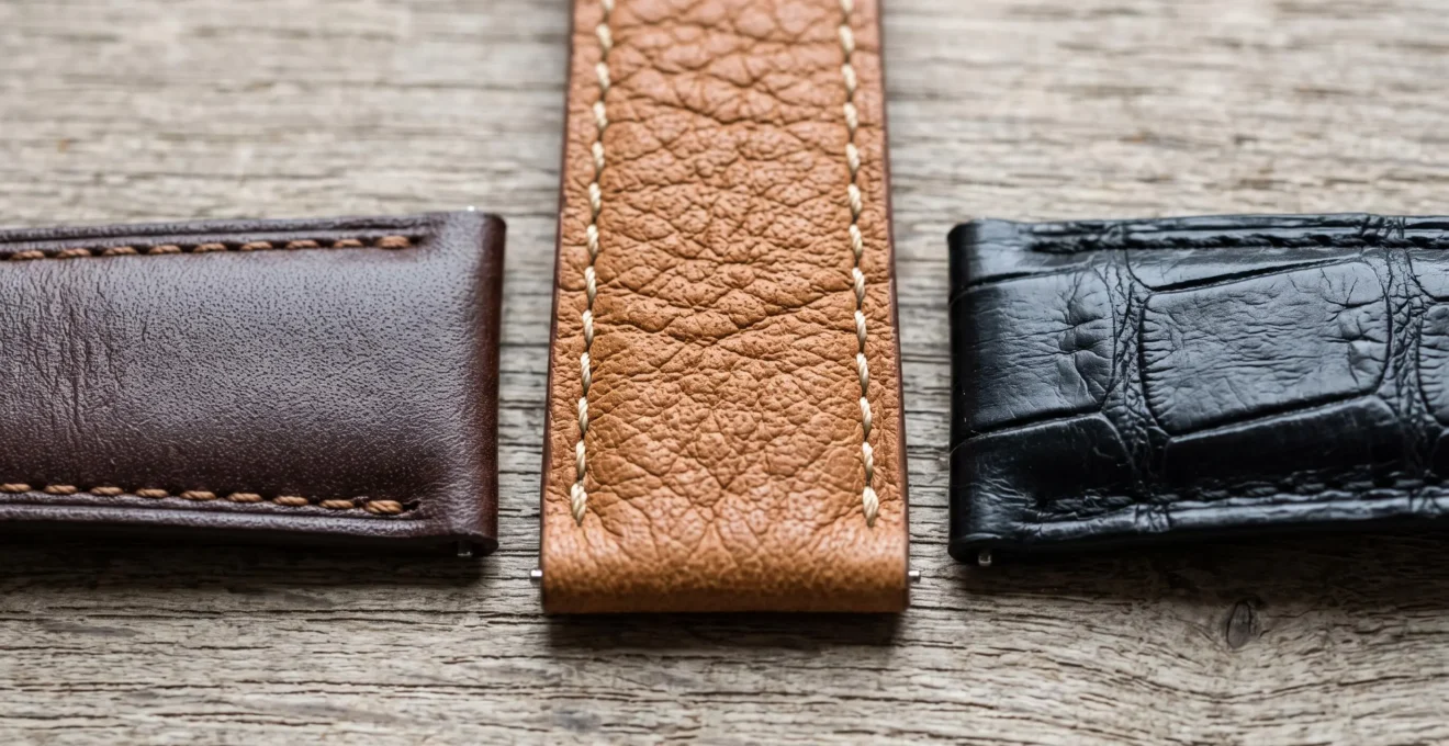 Gros plan comparatif montrant les textures distinctes de trois types de cuir pour bracelet de montre