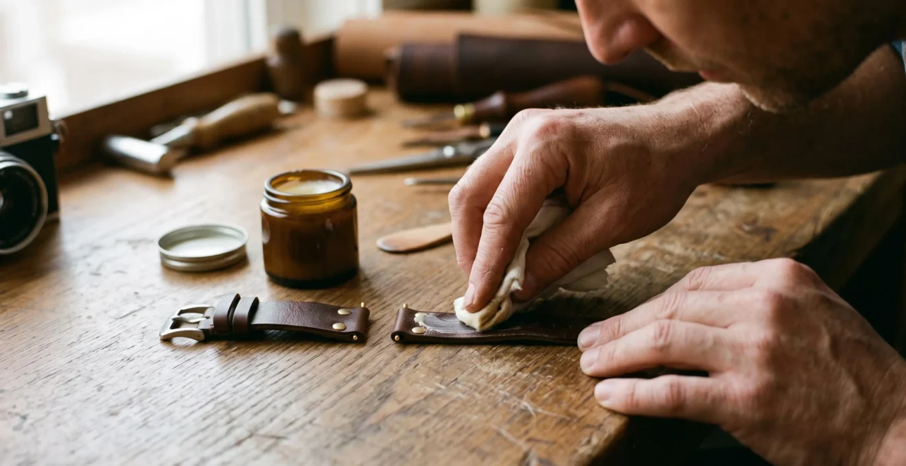 Mains appliquant un produit d'entretien sur un bracelet de montre en cuir avec un chiffon
